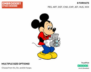Holding A Camera - Disney's Mickey Mouse - Embroidery Design in 3 sizes & 8 formats
