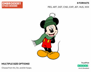 Wearing Winter Hat, Scarf - Disney's Mickey Mouse - Embroidery Design in 3 sizes & 8 formats