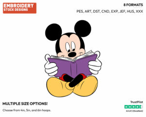 Reading A Book - Disney's Mickey Mouse - Embroidery Design in 3 sizes & 8 formats