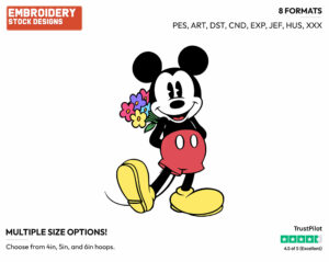 Mickey Holding A Bouquet Of Flowers Behind His Back - Disney's Classic Mickey Mouse - Embroidery Design in 3 sizes & 8 formats