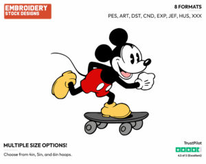 Classic Mickey On His Skateboard - Disney's Classic Mickey Mouse - Embroidery Design in 3 sizes & 8 formats