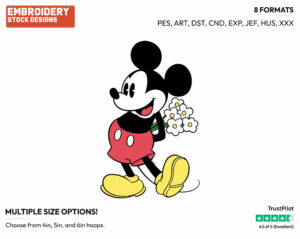 Mickey Holding Bouquet Of Flowers Behind His Back - Disney's Classic Mickey Mouse - Embroidery Design in 3 sizes & 8 formats