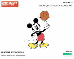 Spinning Basketball - Disney's Classic Mickey Mouse - Embroidery Design in 3 sizes & 8 formats