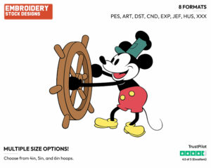 Steamboat Willie - Disney's Classic Mickey Mouse - Embroidery Design in 3 sizes & 8 formats