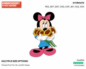 Young Minnie Holding A Bouquet Of Sunflowers - Disney's Minnie Mouse - Embroidery Design in 3 sizes & 8 formats