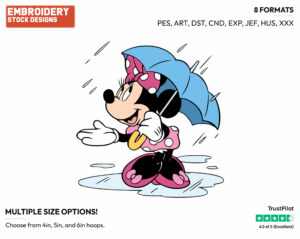 Sheltering From The Rain Under Her Umbrella - Disney's Minnie Mouse - Embroidery Design in 3 sizes & 8 formats