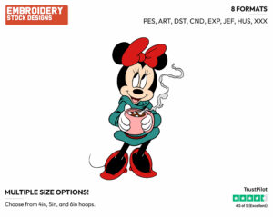 Minnie Mouse Drinking Hot Cocoa - Disney's Minnie Mouse - Embroidery Design in 3 sizes & 8 formats