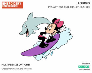 Minnie Mouse Surfing With A Dolphin - Disney's Minnie Mouse - Embroidery Design in 3 sizes & 8 formats