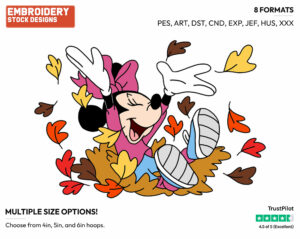 Young Jumping In Fall Leaves Pile - Disney's Minnie Mouse - Embroidery Design in 3 sizes & 8 formats