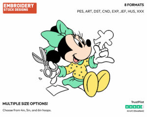 Young Minnie Cutting Out Paper Doll - Disney's Minnie Mouse - Embroidery Design in 3 sizes & 8 formats