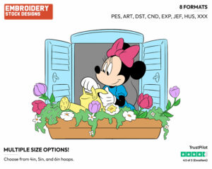 Watering Flower Box Under Her Window - Disney's Minnie Mouse - Embroidery Design in 3 sizes & 8 formats