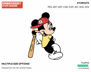 Leaning On Baseball Bat - Disney's Minnie Mouse - Embroidery Design in 3 sizes & 8 formats