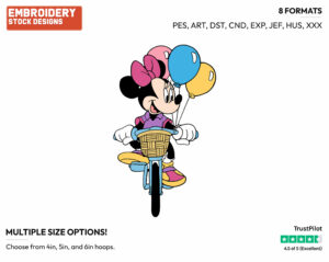 Riding Bicycle With Balloons - Disney's Minnie Mouse - Embroidery Design in 3 sizes & 8 formats
