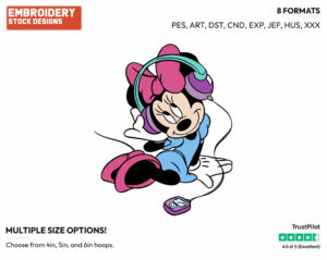 Listening To Music On Headphones - Disney's Minnie Mouse - Embroidery Design in 3 sizes & 8 formats