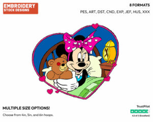 Minnie Cuddling Teddy Bear In Bed - Disney's Minnie Mouse - Embroidery Design in 3 sizes & 8 formats