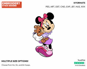 Young Minnie, Teddy Bear - Disney's Minnie Mouse - Embroidery Design in 3 sizes & 8 formats