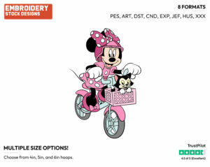 Minnie Riding Her Bicycle With Figaro - Disney's Minnie Mouse - Embroidery Design in 3 sizes & 8 formats