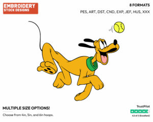 Pluto Running After A Tennis Ball - Disney's Pluto - Embroidery Design in 3 sizes & 8 formats