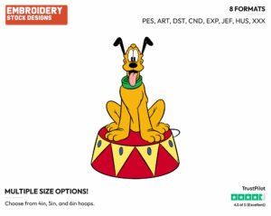 Pluto Sitting On Circus Stand - Disney's Pluto - Embroidery Design in 3 sizes & 8 formats