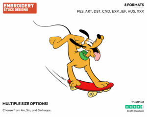 Pluto Skateboarding - Disney's Pluto - Embroidery Design in 3 sizes & 8 formats