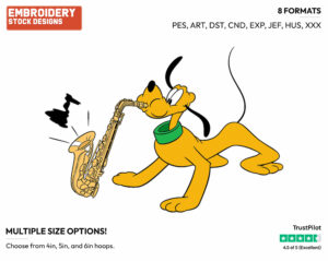 Playing The Saxophone - Disney's Pluto - Embroidery Design in 3 sizes & 8 formats