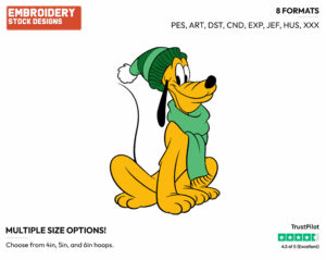 Wearing Winter Scarf, Hat - Disney's Pluto - Embroidery Design in 3 sizes & 8 formats