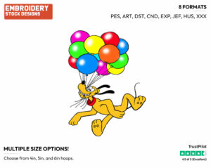 Floating Away With Balloons - Disney's Pluto - Embroidery Design in 3 sizes & 8 formats