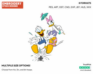 Playing In Sprinkler - Disney's Donald & Daisy Duck - Embroidery Design in 3 sizes & 8 formats