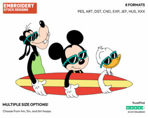 Goofy, Mickey Mouse And Donald Duck With A Surfboard, Wearing Sunglasses - Disney's Mickey, Donald & Goofy - Embroidery Design in 3 sizes & 8 formats
