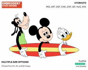 Goofy, Mickey Mouse And Donald Duck With A Surfboard - Disney's Mickey, Donald & Goofy - Embroidery Design in 3 sizes & 8 formats