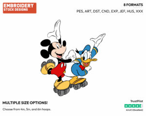 Mickey Mouse, Donald Duck Rollerskating - Disney's Mickey, Donald & Goofy - Embroidery Design in 3 sizes & 8 formats