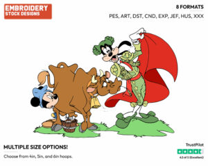 Mickey Milking Cow, Bullfighter Goofy - Disney's Mickey, Donald & Goofy - Embroidery Design in 3 sizes & 8 formats