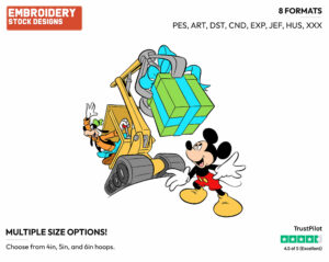 Goofy Giving Mickey A Present Using A Crane - Disney's Mickey, Donald & Goofy - Embroidery Design in 3 sizes & 8 formats