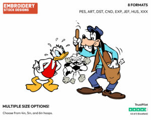 Donald Watching As Goofy Accidentally Picks Up A Soccer Ball As Trash - Disney's Mickey, Donald & Goofy - Embroidery Design in 3 sizes & 8 formats