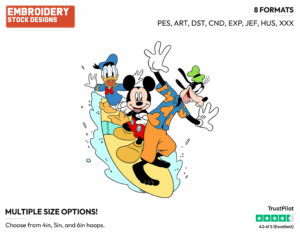 Mickey, Goofy, Donald Surfing - Disney's Mickey, Donald & Goofy - Embroidery Design in 3 sizes & 8 formats