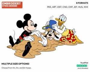 Mickey, Donald Burying Goofy In The Sand - Disney's Mickey, Donald & Goofy - Embroidery Design in 3 sizes & 8 formats