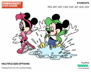 Young Mickey Jumping In Puddle, Splashing Minnie - Disney's Mickey & Minnie Mouse - Embroidery Design in 3 sizes & 8 formats