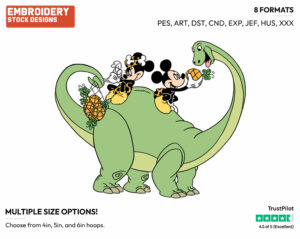 Mickey, Minnie Riding Dinosaur - Disney's Mickey & Minnie Mouse - Embroidery Design in 3 sizes & 8 formats