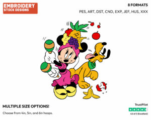 Pluto Eating From Minnie's Fruit Hat As She Plays The Maracas - Disney's Mickey, Minnie & Pluto - Embroidery Design in 3 sizes & 8 formats