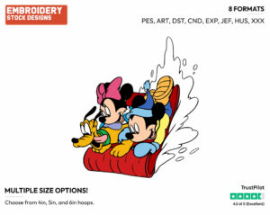 Mickey And Minnie Mouse Sledding With Pluto - Disney's Mickey, Minnie & Pluto - Embroidery Design in 3 sizes & 8 formats