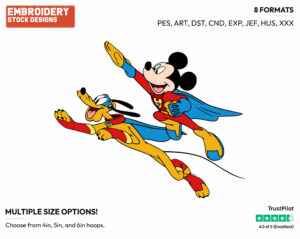 Mickey Mouse, Pluto Flying As Superheroes - Disney's Mickey, Minnie & Pluto - Embroidery Design in 3 sizes & 8 formats