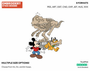 Mickey, Pluto Stealing Dinosaur Bone - Disney's Mickey, Minnie & Pluto - Embroidery Design in 3 sizes & 8 formats