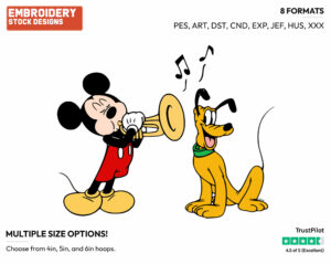 Mickey Playing The Trumpet To Pluto - Disney's Mickey, Minnie & Pluto - Embroidery Design in 3 sizes & 8 formats