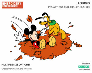 Mickey Mouse, Pluto In Leaf Pile - Disney's Mickey, Minnie & Pluto - Embroidery Design in 3 sizes & 8 formats