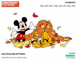 Mickey, Pluto Playing In Pile Of Leaves - Disney's Mickey, Minnie & Pluto - Embroidery Design in 3 sizes & 8 formats