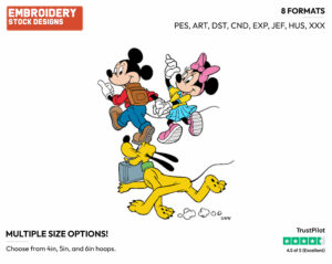 Mickey, Minnie, Pluto Walking To School - Disney's Mickey, Minnie & Pluto - Embroidery Design in 3 sizes & 8 formats