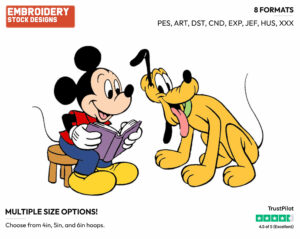 Mickey Reading Pluto A Story - Disney's Mickey, Minnie & Pluto - Embroidery Design in 3 sizes & 8 formats