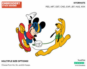 Mickey, Pluto Skateboarding - Disney's Mickey, Minnie & Pluto - Embroidery Design in 3 sizes & 8 formats