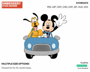 Mickey, Pluto In The Car - Disney's Mickey, Minnie & Pluto - Embroidery Design in 3 sizes & 8 formats
