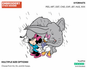 Minnie, Daisy Seeking Shelter From The Rain Under An Elephant - Disney's Minnie Mouse & Daisy Duck - Embroidery Design in 3 sizes & 8 formats